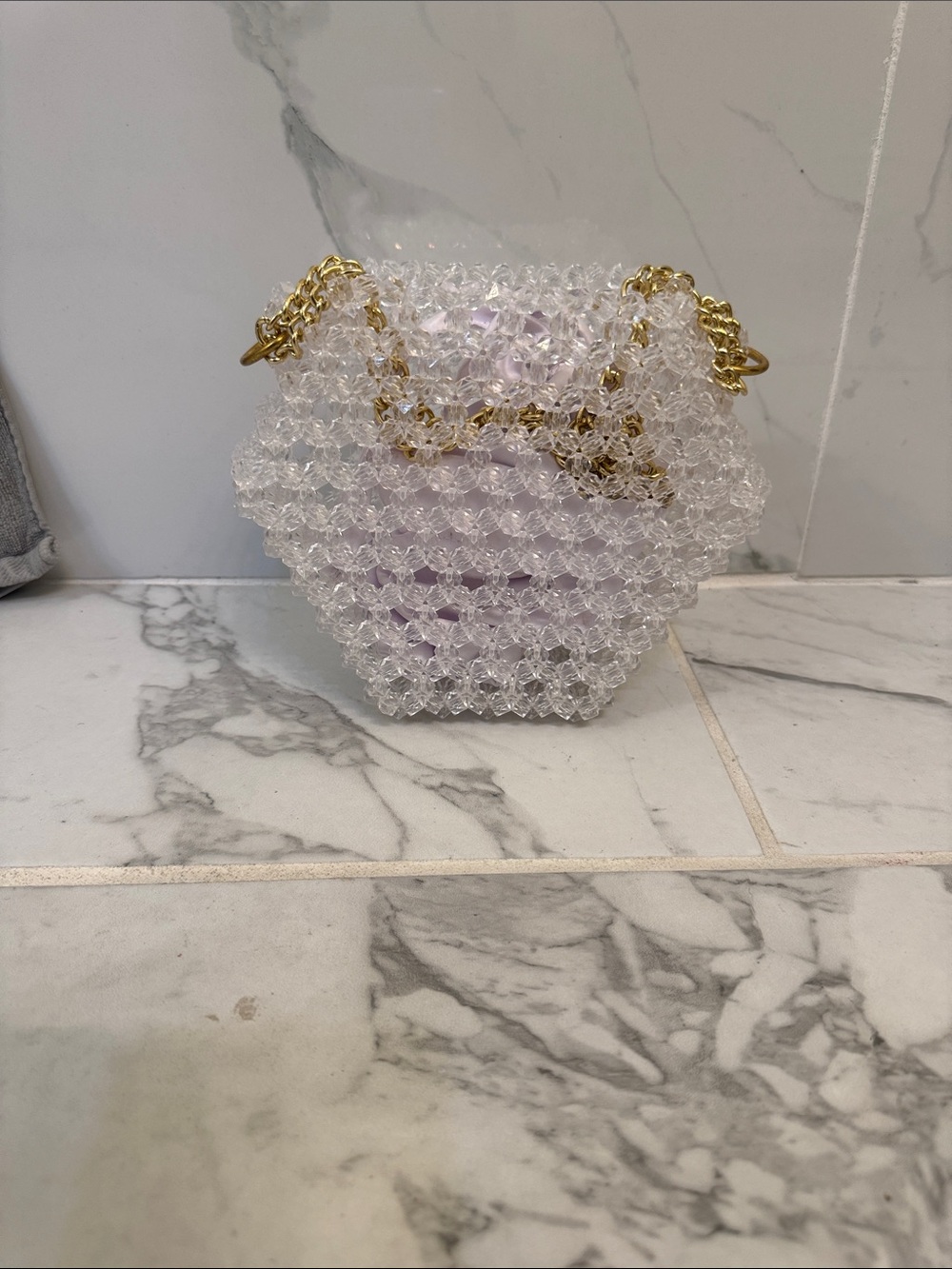 Clear Beaded Chain Shoulder Bag with Gold Chain